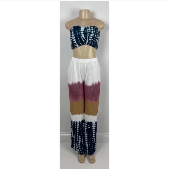 Multicolor Tie Dye Tie Front Crop Top and Wide Leg Palazzo Pants Set Size Large - Picture 8 of 9